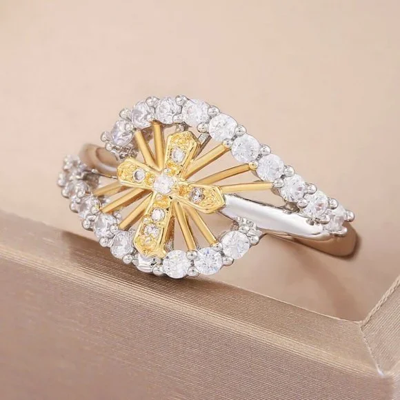 Gorgeous Two-Tone Gold Sterling Silver Diamond Cross Ring - Picture 5 of 5